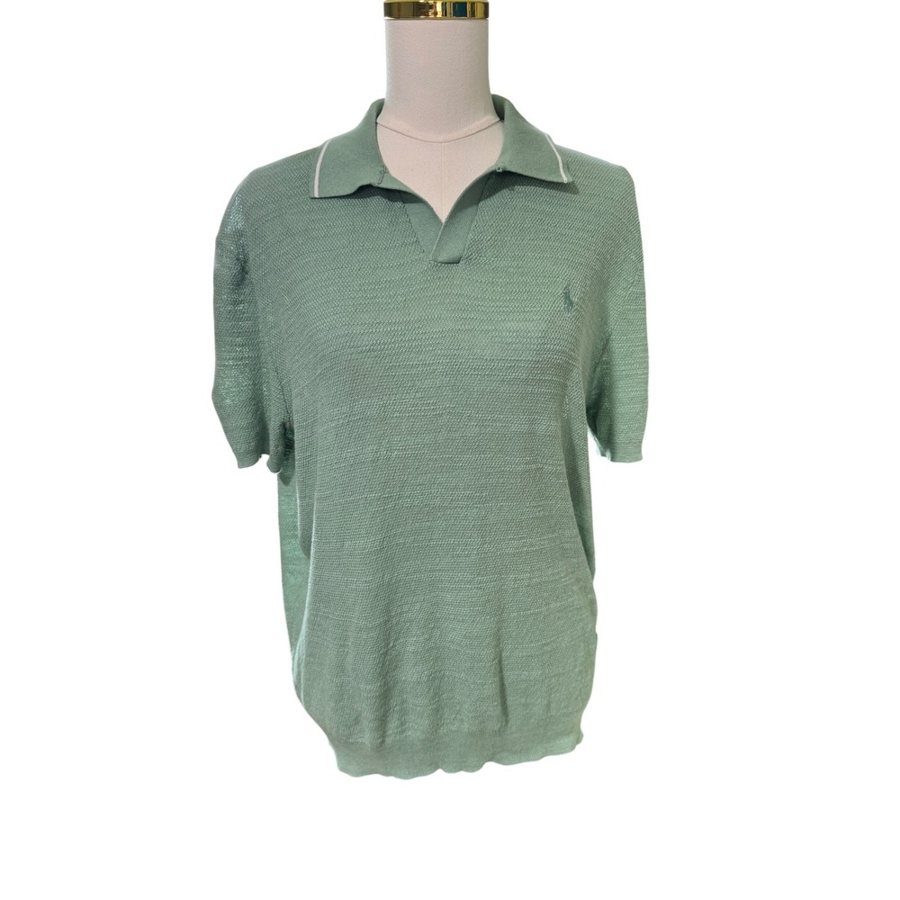 Polo Ralph Lauren Knit Polo Shirt Mens M Faded Mint Cotton Linen Sweater NWT - Picture 2 of 9